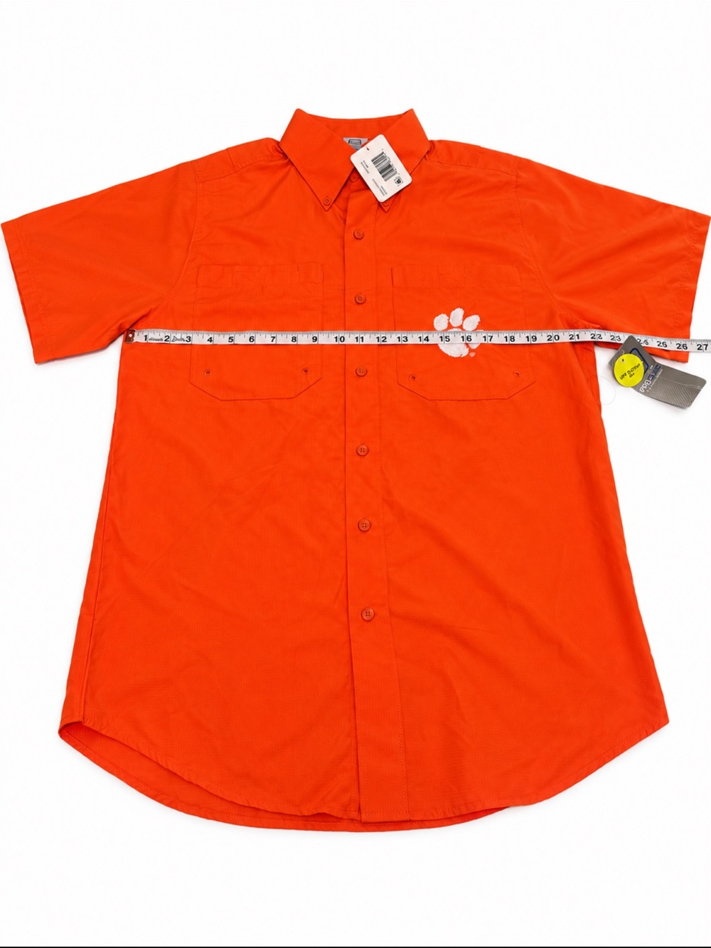Pro Edge Short Sleeve Button-Up Shirt in Bright Orange with White Paw Accent